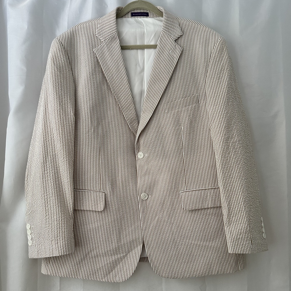 Vinci Men's Brown and White Cotton Seersucker Striped Blazer 44S